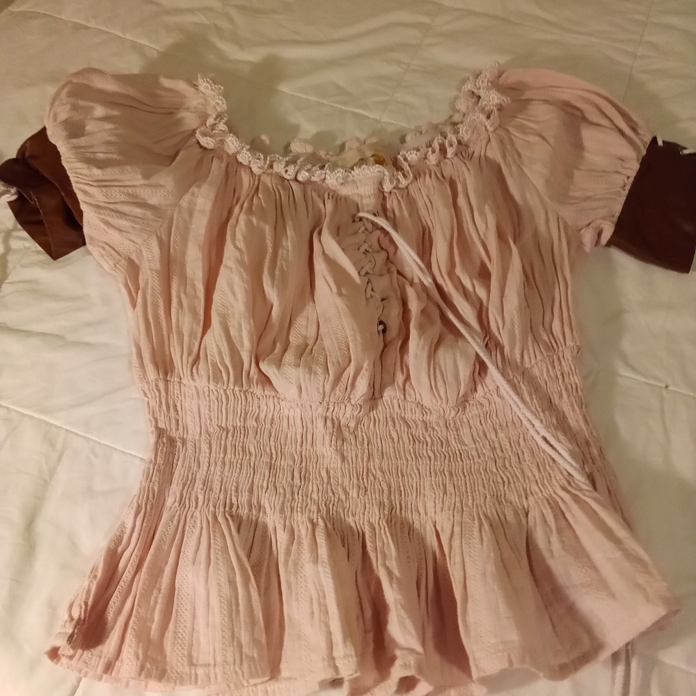 Pink Smocked Blouse, Bridgenton Style, Vegan Leather